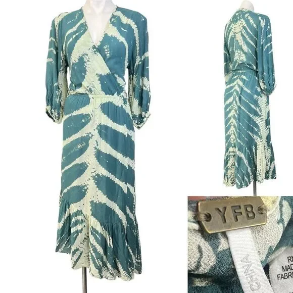 YFB Young Fabulous Broke tie-dye maxi dress S green multi 3/4 sleeve semi-sheer - Picture 1 of 6